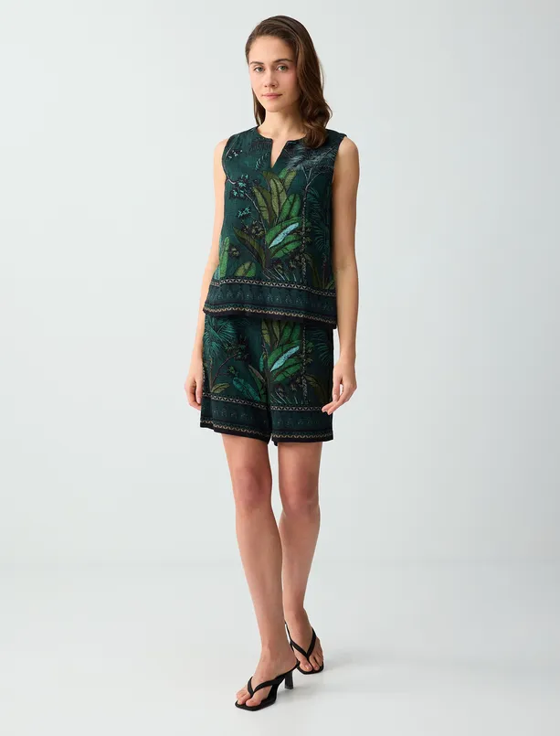 Bayan  Keten Karışımlı Yüksek Bel Desenli Örme Şort