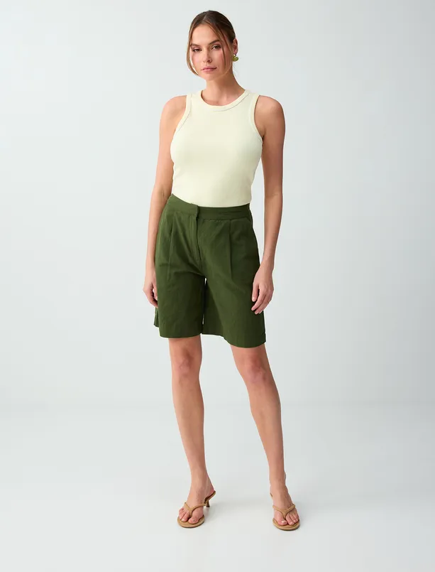 Bayan  Keten Karışımlı Düz Kesim Yüksek Bel Dokuma Şort