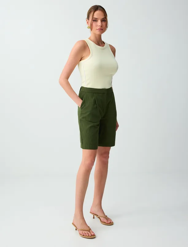 Bayan Haki Keten Karışımlı Düz Kesim Yüksek Bel Dokuma Şort