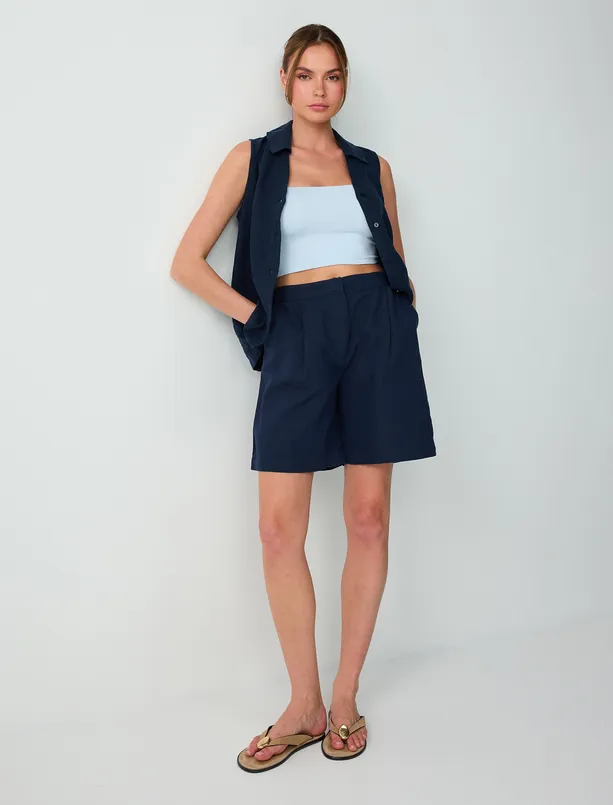 Bayan  Keten Karışımlı Düz Kesim Yüksek Bel Dokuma Şort