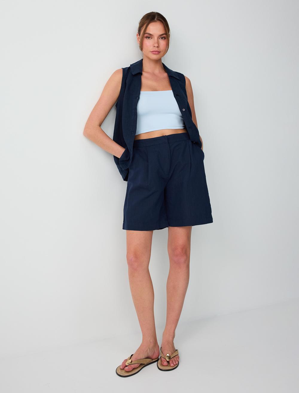 Keten Karışımlı Düz Kesim Yüksek Bel Dokuma Şort
