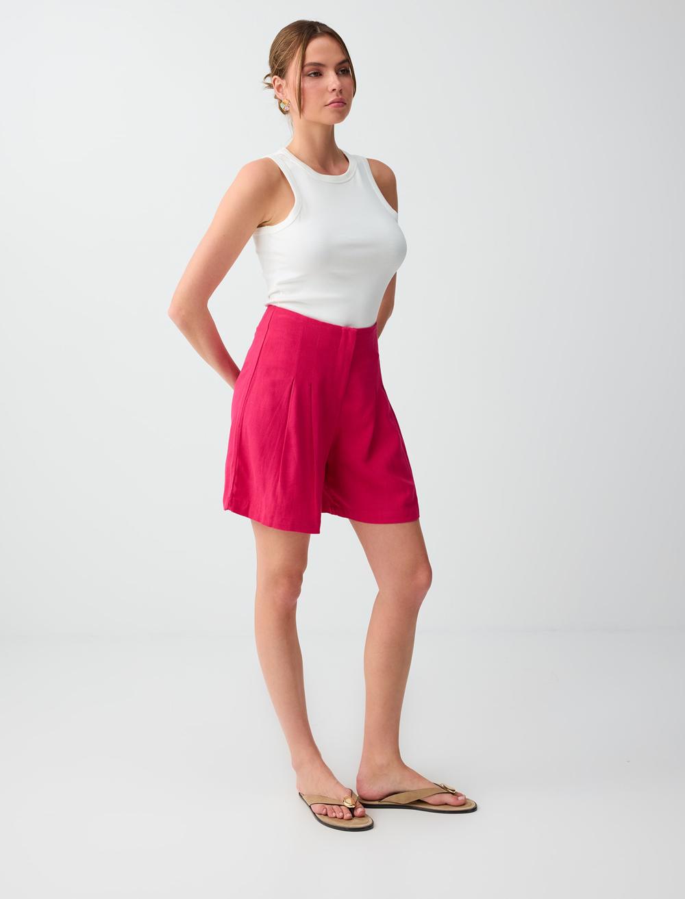 Keten Karışımlı Yüksek Bel Dokuma Şort