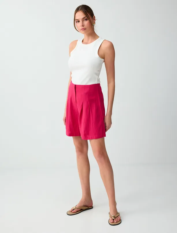 Bayan Pembe Keten Karışımlı Yüksek Bel Dokuma Şort