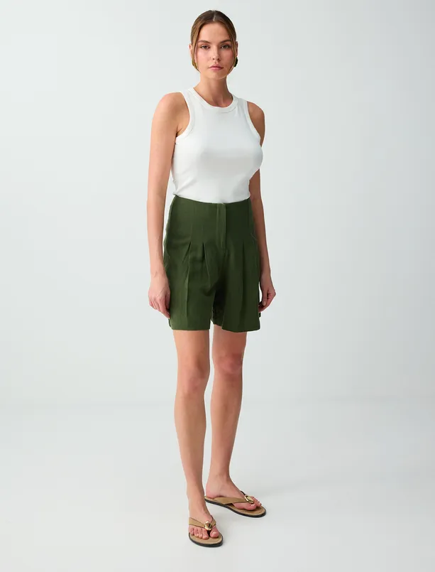 Bayan  Keten Karışımlı Yüksek Bel Dokuma Şort