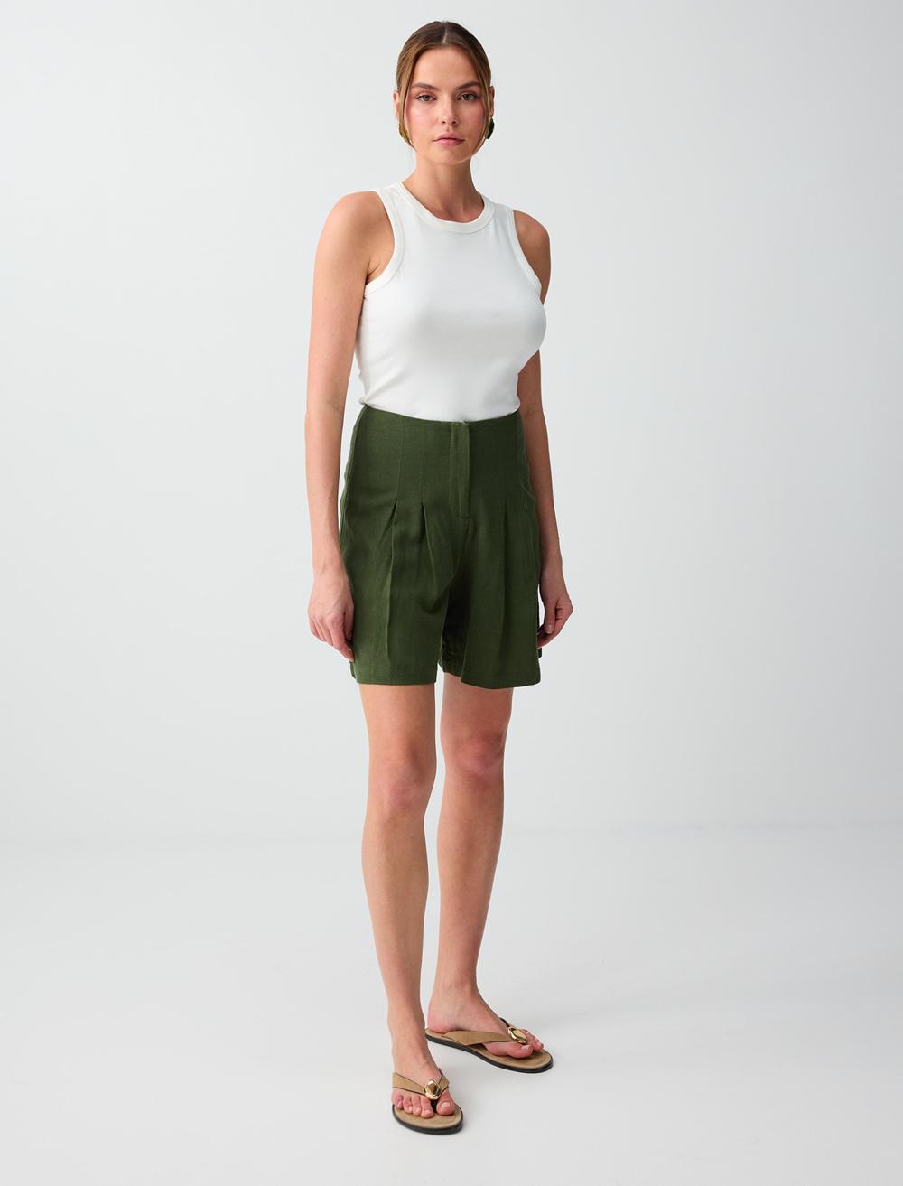 Keten Karışımlı Yüksek Bel Dokuma Şort