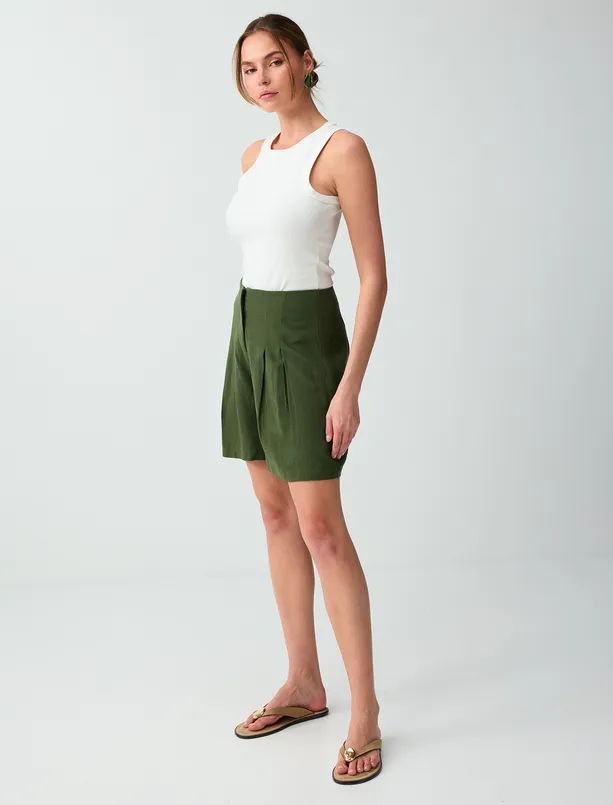 Bayan Haki Keten Karışımlı Yüksek Bel Dokuma Şort