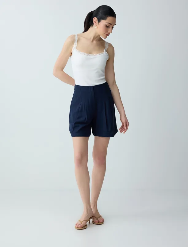 Bayan Lacivert Keten Karışımlı Yüksek Bel Dokuma Şort