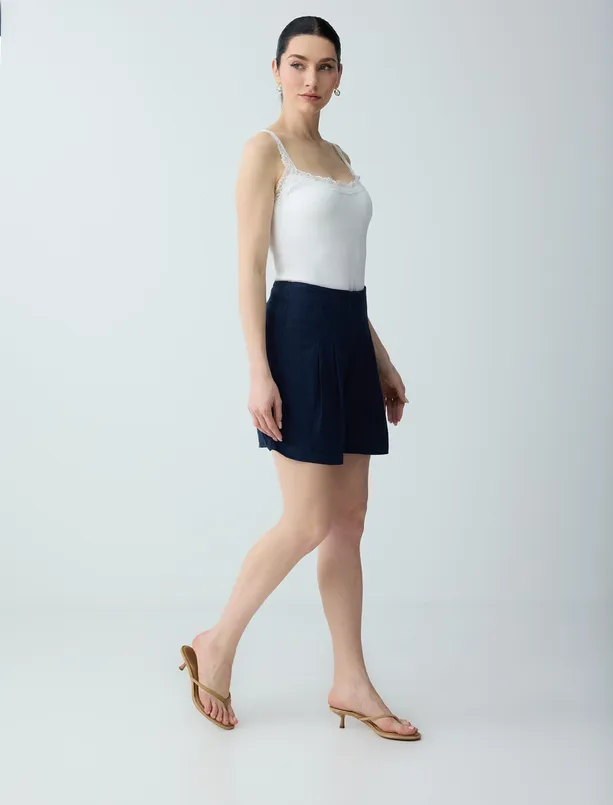 Bayan Lacivert Keten Karışımlı Yüksek Bel Dokuma Şort