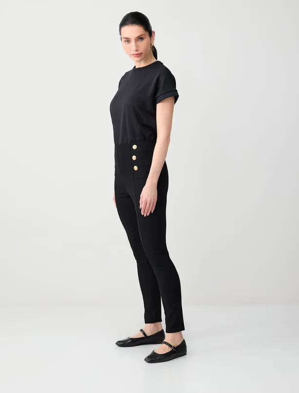 Bayan Siyah Dar Kesim Yüksek Bel Dar Paça Örme Tayt