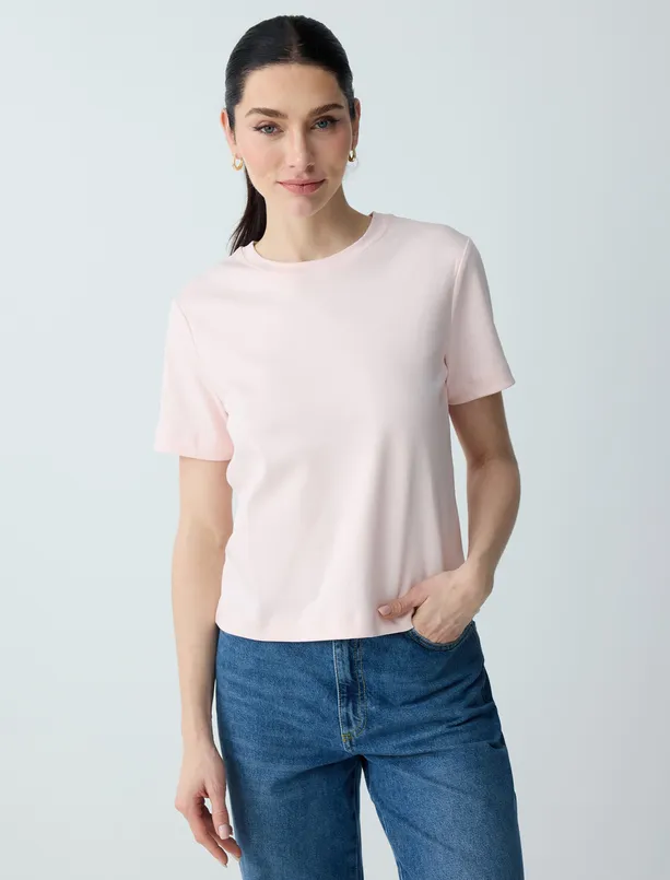 Bayan Açık Pembe %100 Pamuk Kısa Kollu Basic Örme Tişört
