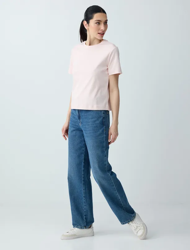 Bayan Açık Pembe %100 Pamuk Kısa Kollu Basic Örme Tişört