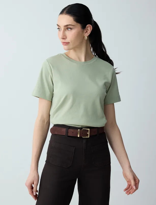 Bayan Koyu Yağ Yeşili %100 Pamuk Kısa Kollu Basic Örme Tişört