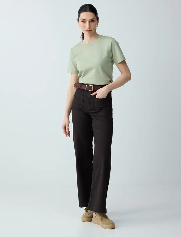 Bayan Koyu Yağ Yeşili %100 Pamuk Kısa Kollu Basic Örme Tişört