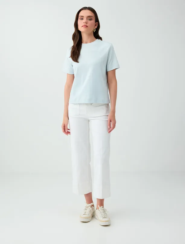 Women Blue 100% Cotton Short Sleeve Basic Knitted T-Shirt