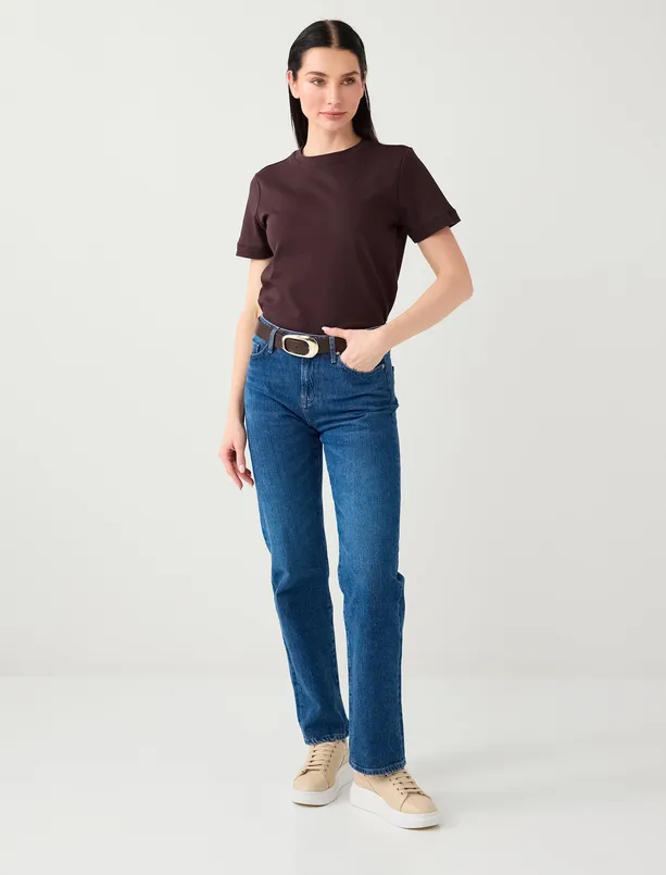 Bayan Kahverengi %100 Pamuk Kısa Kollu Basic Örme Tişört