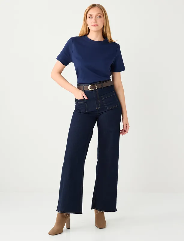 Bayan Lacivert %100 Pamuk Kısa Kollu Basic Örme Tişört