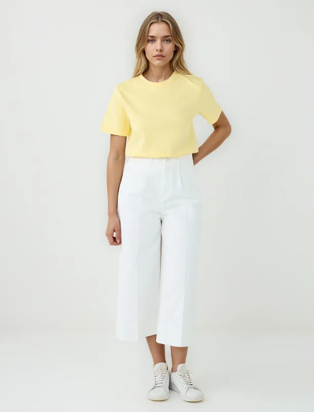 Bayan Sarı %100 Pamuk Kısa Kollu Basic Örme Tişört