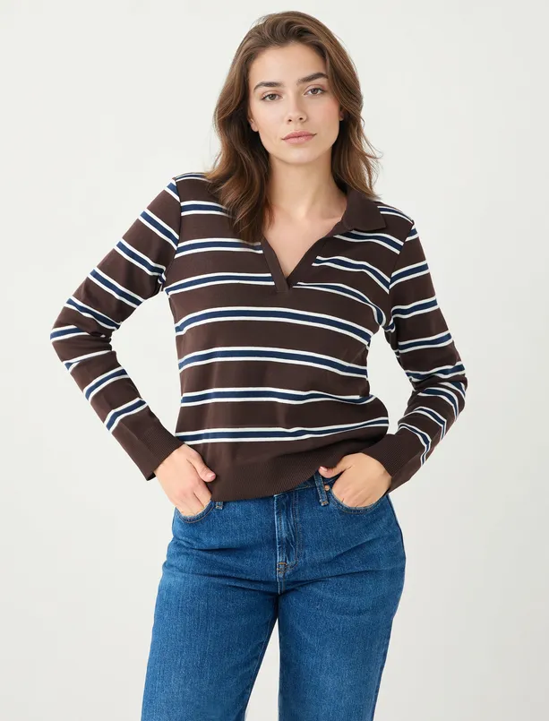 Bayan  %100 Pamuk Gömlek Yaka Çizgi Desenli Örme Tişört