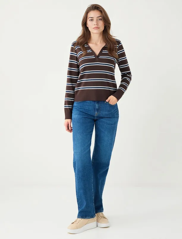 Bayan Kahverengi %100 Pamuk Gömlek Yaka Çizgi Desenli Örme Tişört