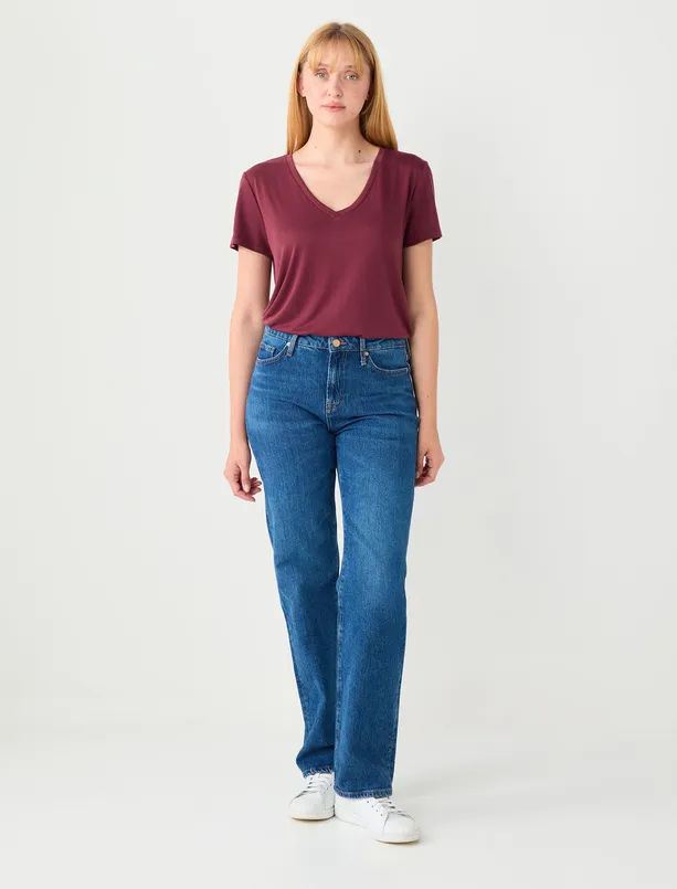 Bayan Bordo V Yaka Kısa Kollu Modal Örme Tişört
