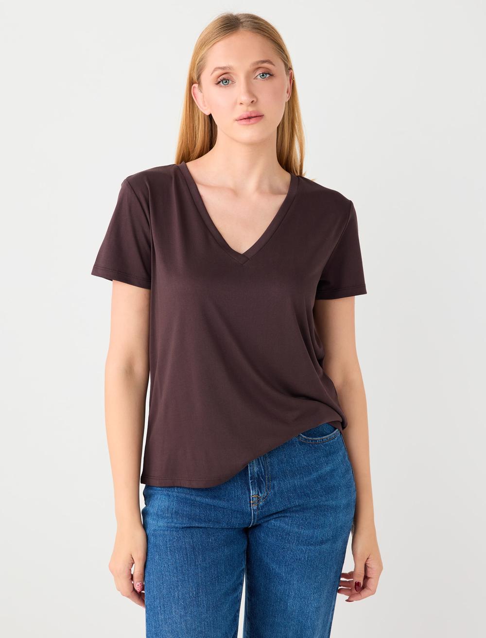 V Yaka Kısa Kollu Modal Örme Tişört