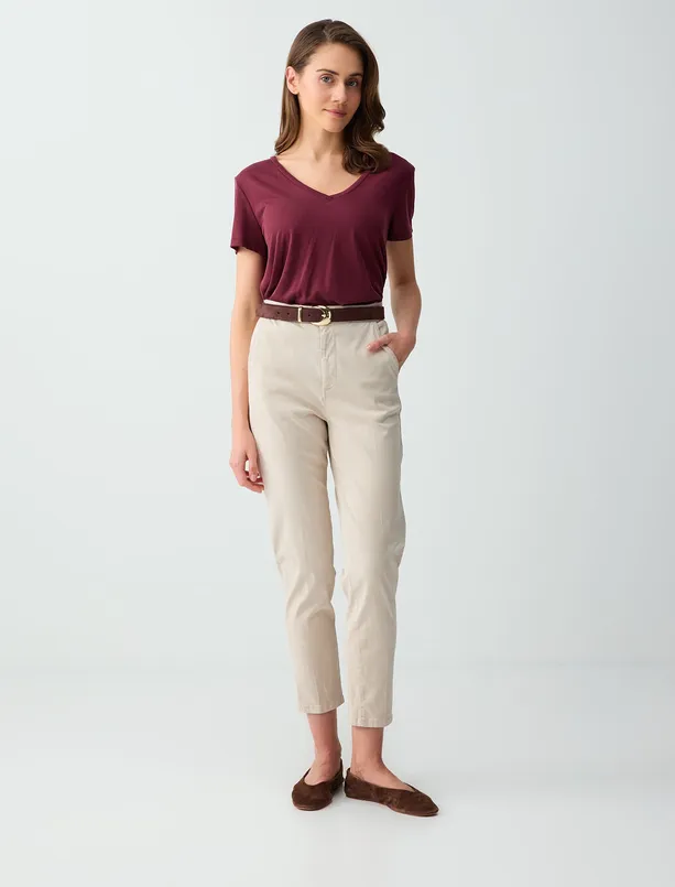 Bayan Bordo V Yaka Kısa Kollu Modal Örme Tişört