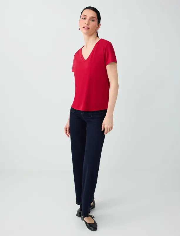 Women Red V-Neck Short Sleeve Modal Knitted T-Shirt