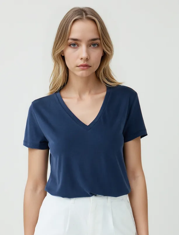 Women  V-Neck Short Sleeve Modal Knitted T-Shirt