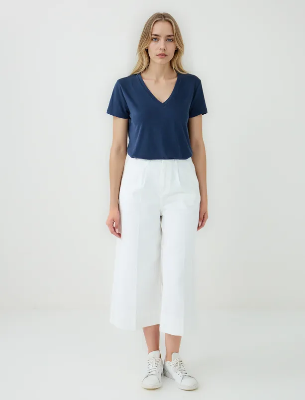 Women Dark Blue V-Neck Short Sleeve Modal Knitted T-Shirt