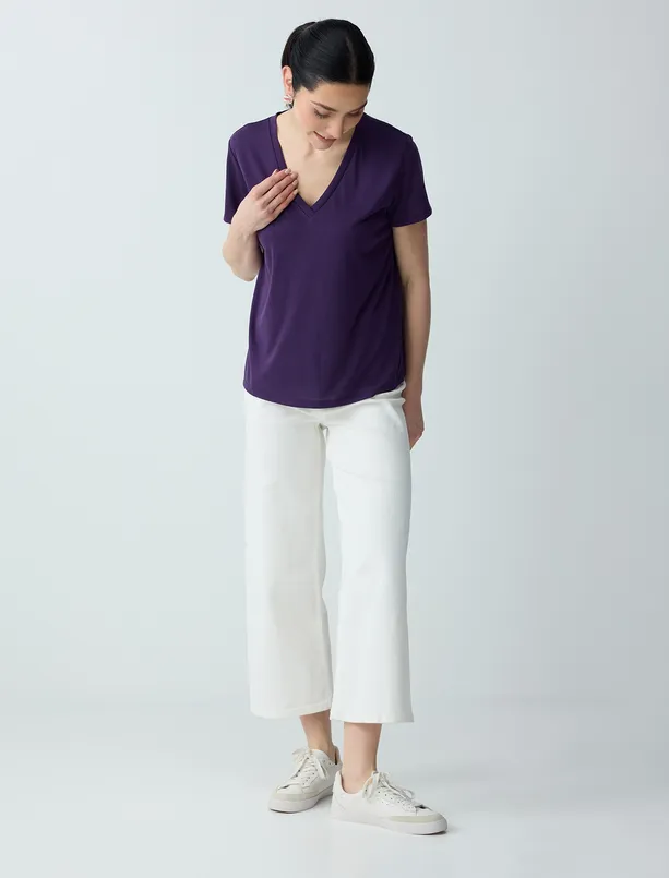 Bayan Mor V Yaka Kısa Kollu Modal Örme Tişört