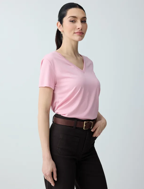 Bayan Pembe V Yaka Kısa Kollu Modal Örme Tişört