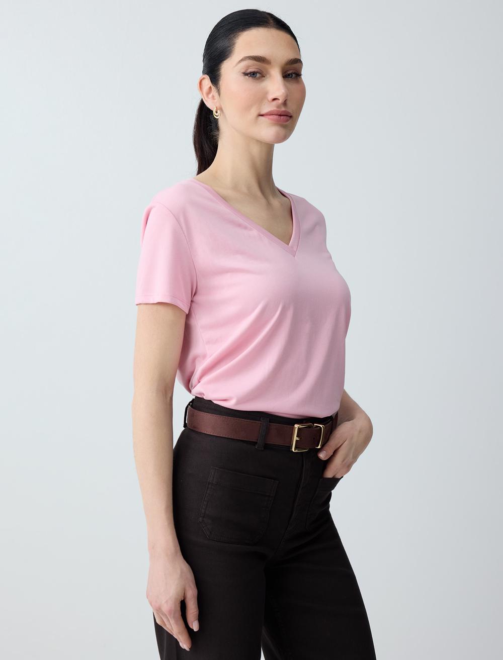 V Yaka Kısa Kollu Modal Örme Tişört