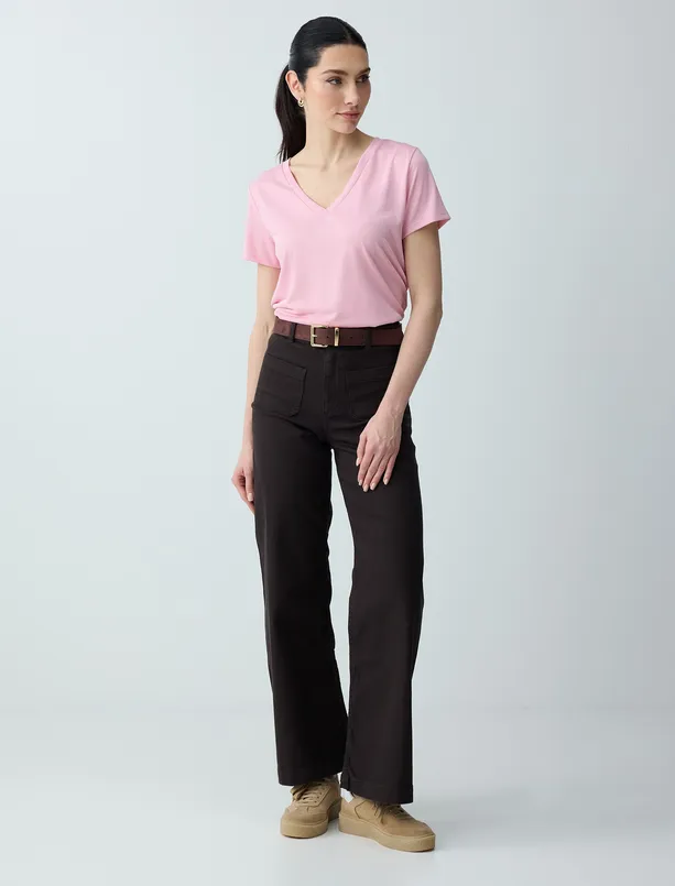 Bayan Pembe V Yaka Kısa Kollu Modal Örme Tişört