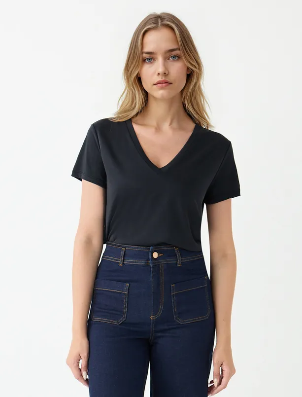 Women  V-Neck Short Sleeve Modal Knitted T-Shirt