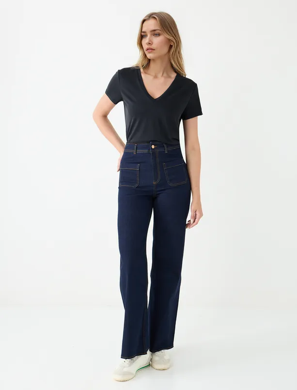 Women Black V-Neck Short Sleeve Modal Knitted T-Shirt