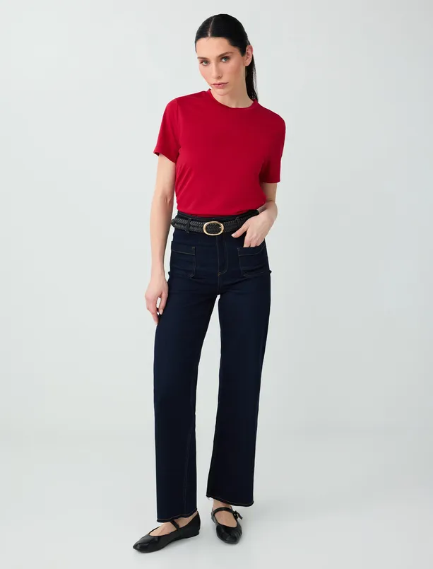 Women Red Short Sleeve Crew Neck Modal Knitted T-Shirt
