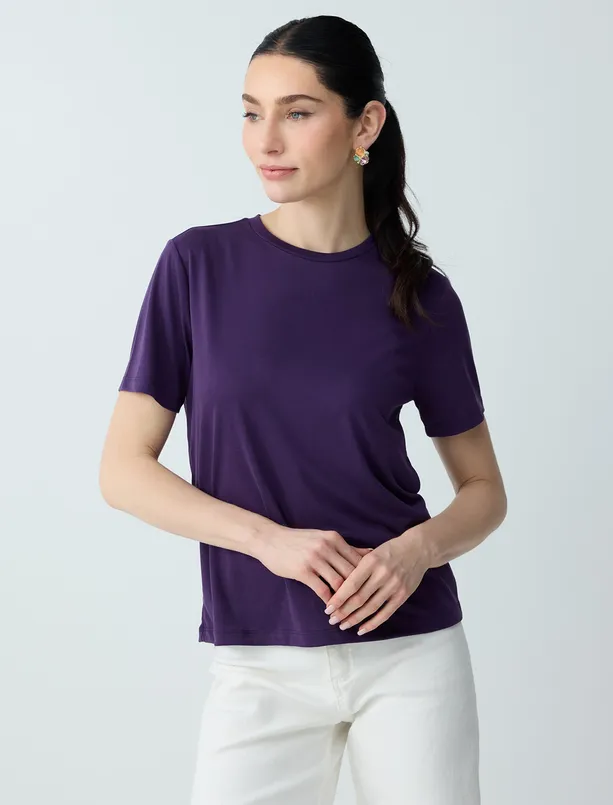 Bayan Mor Kısa Kollu Bisiklet Yaka Modal Örme Tişört