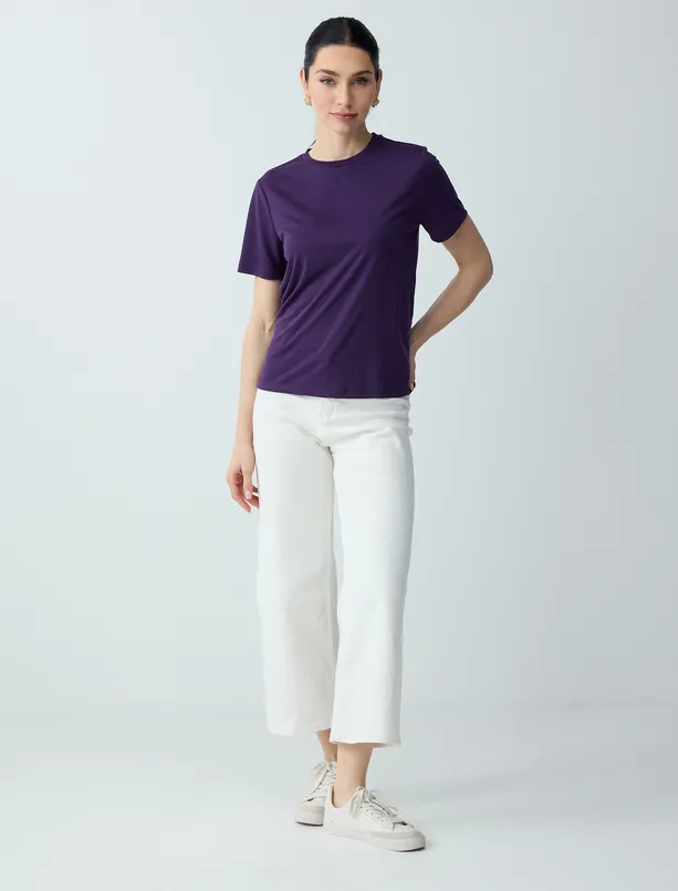 Bayan Mor Kısa Kollu Bisiklet Yaka Modal Örme Tişört