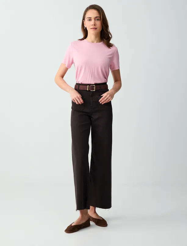 Bayan Pembe Kısa Kollu Bisiklet Yaka Modal Örme Tişört