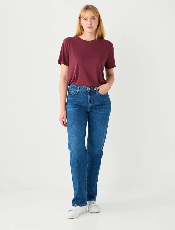 Bayan Bordo Kısa Kollu Bisiklet Yaka Modal Örme Tişört