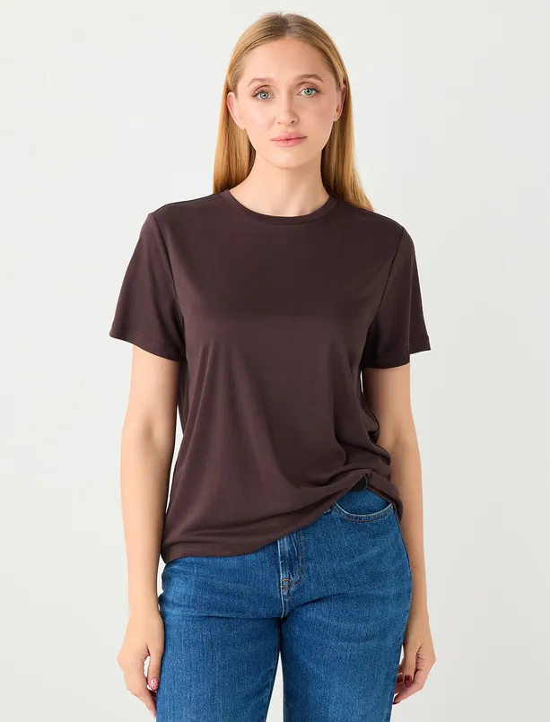 Bayan Kahverengi Kısa Kollu Bisiklet Yaka Modal Örme Tişört