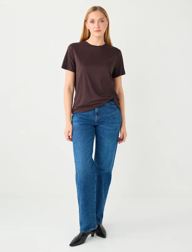 Bayan Kahverengi Kısa Kollu Bisiklet Yaka Modal Örme Tişört