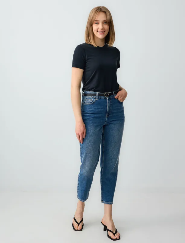 Bayan Lacivert Kısa Kollu Bisiklet Yaka Modal Örme Tişört