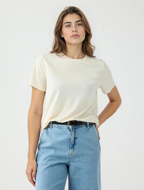 Bayan  Bisiklet Yaka Kısa Kollu Örme Modal Tişört