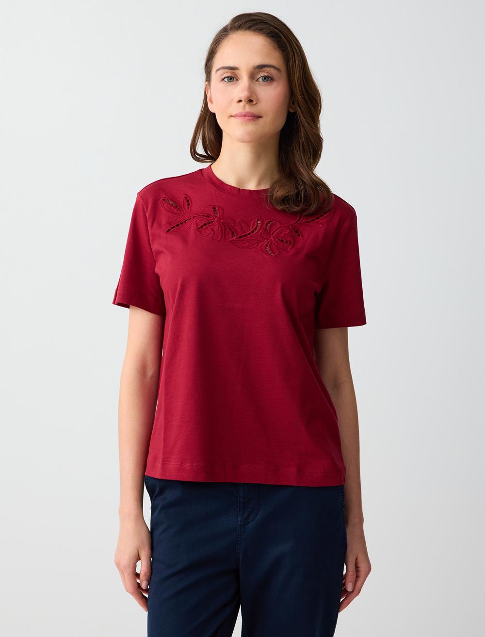 Kısa Kollu Bisiklet Yaka Nakış Detaylı Örme Tişört