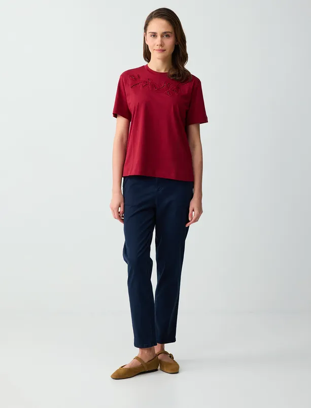 Women Claret Red Short Sleeve Crew-Neck Knitted T-Shirt with Embroidery Detail