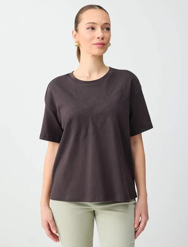 Bayan Kahverengi %100 Pamuk Bisiklet Yaka Nakışlı Örme Tişört