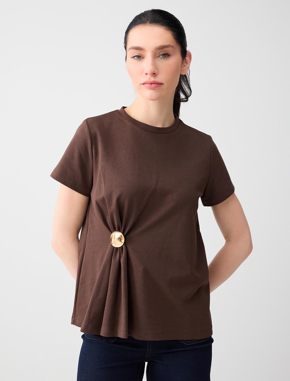 Rahat Kesim Bisiklet Yaka Büzgülü Örme Tişört