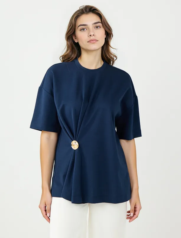 Bayan  Rahat Kesim Bisiklet Yaka Büzgülü Örme Tişört