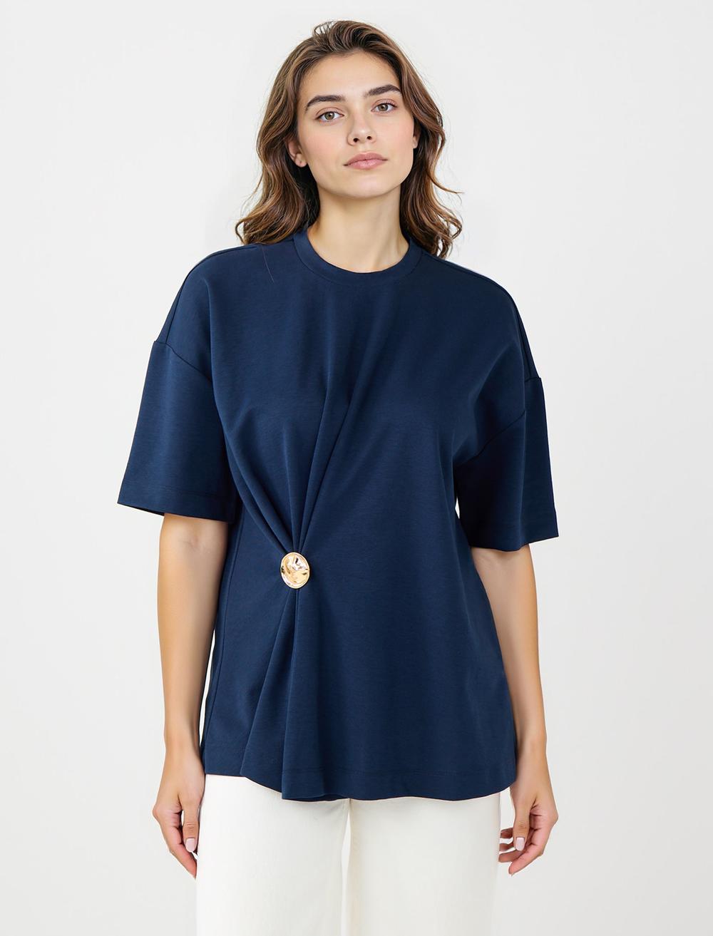 Rahat Kesim Bisiklet Yaka Büzgülü Örme Tişört